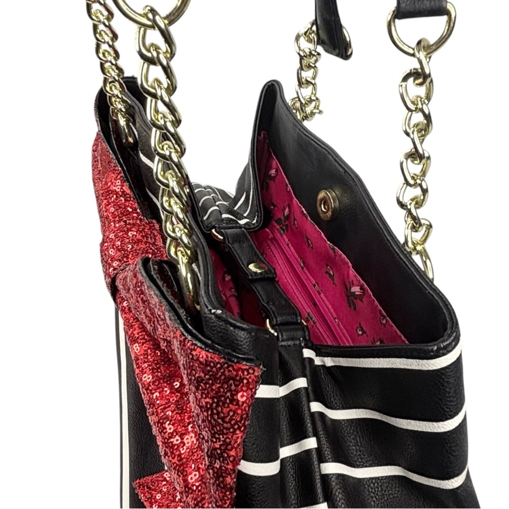 Betsey Johnson Black & White Stripe Red Sequin Glitter Bow Snap Close Tote Purse - Picture 6 of 13